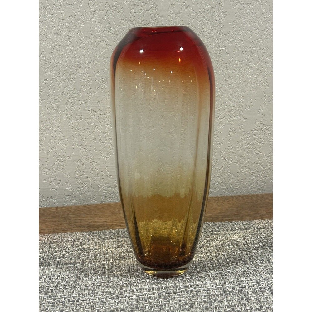 Vintage Mouth Blown Vase Red Orange Amber 14” Tall 3” Opening 2.5” Base